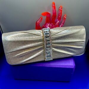 Long Champagne Gold Clutch Crossbody with Diamond Accents